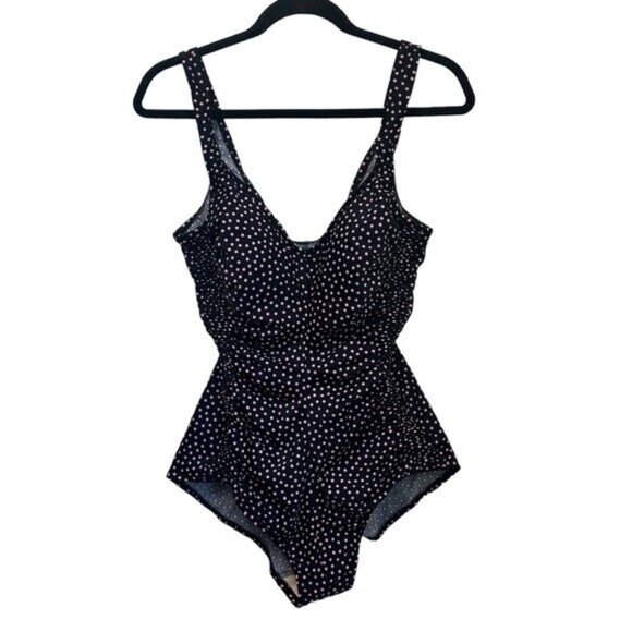 Maxine of Hollywood 18 One Piece Swimsuit Polka Dot Pink Blue Ruched Pin Up Mod - Picture 1 of 9